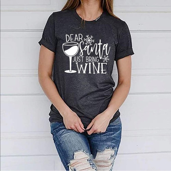 Dear Santa Just Bring the Wine - Christmas Short Sleeve Tshirt Large T-shirt - Picture 2 of 5